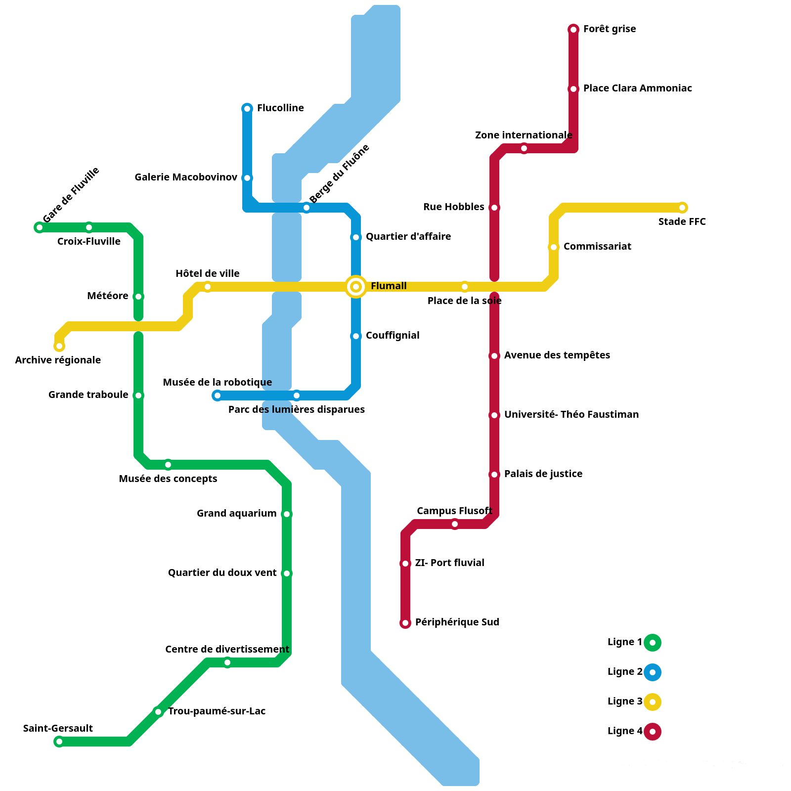 Carte du métro de Fluville avec ses quatre lignes